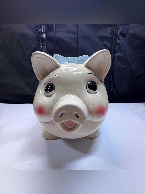 Other - Vtg Ceramic Pottery Pig Piggy Bank  1940s 50s Large Blue Bow Grandma Country